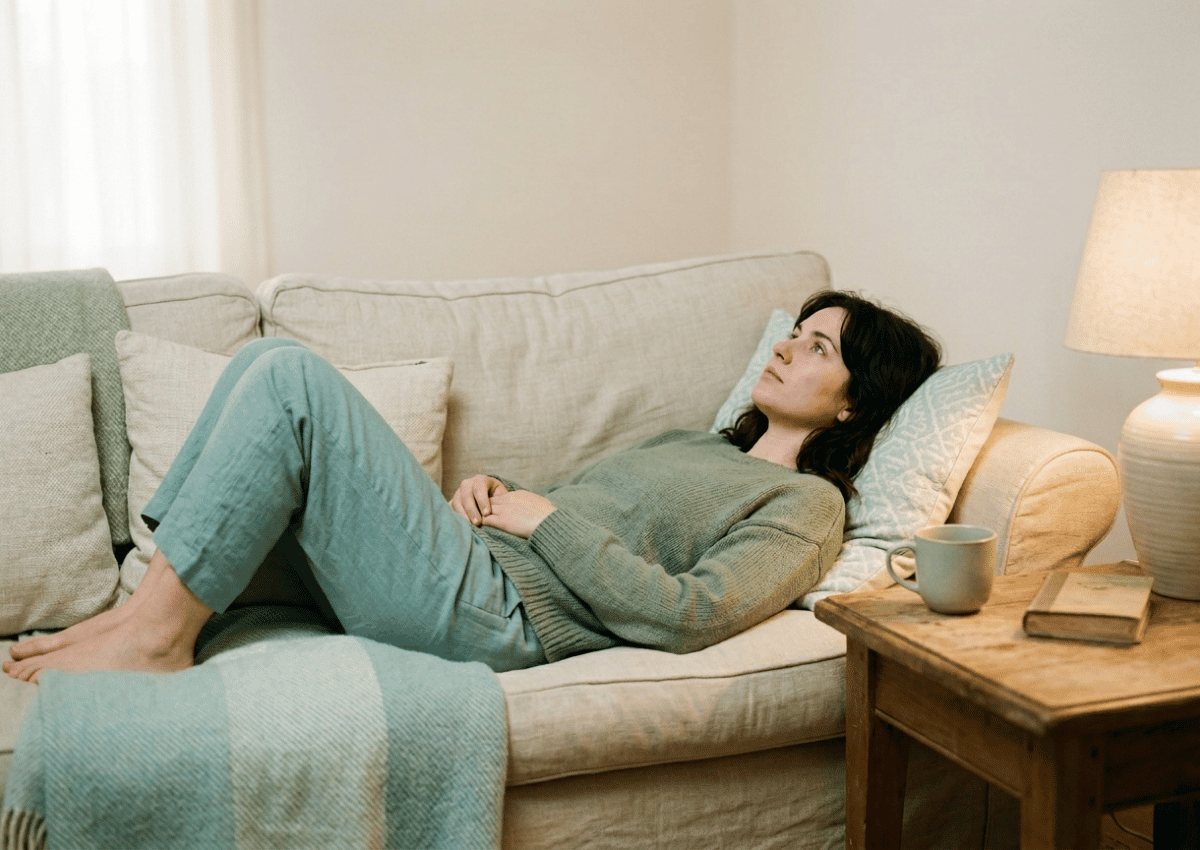 A woman lying on a sofa, eyes open, staring at the ceiling in quiet thought. A mug and book sit on a wooden side table beside her. Soft evening light, calm and still atmosphere.